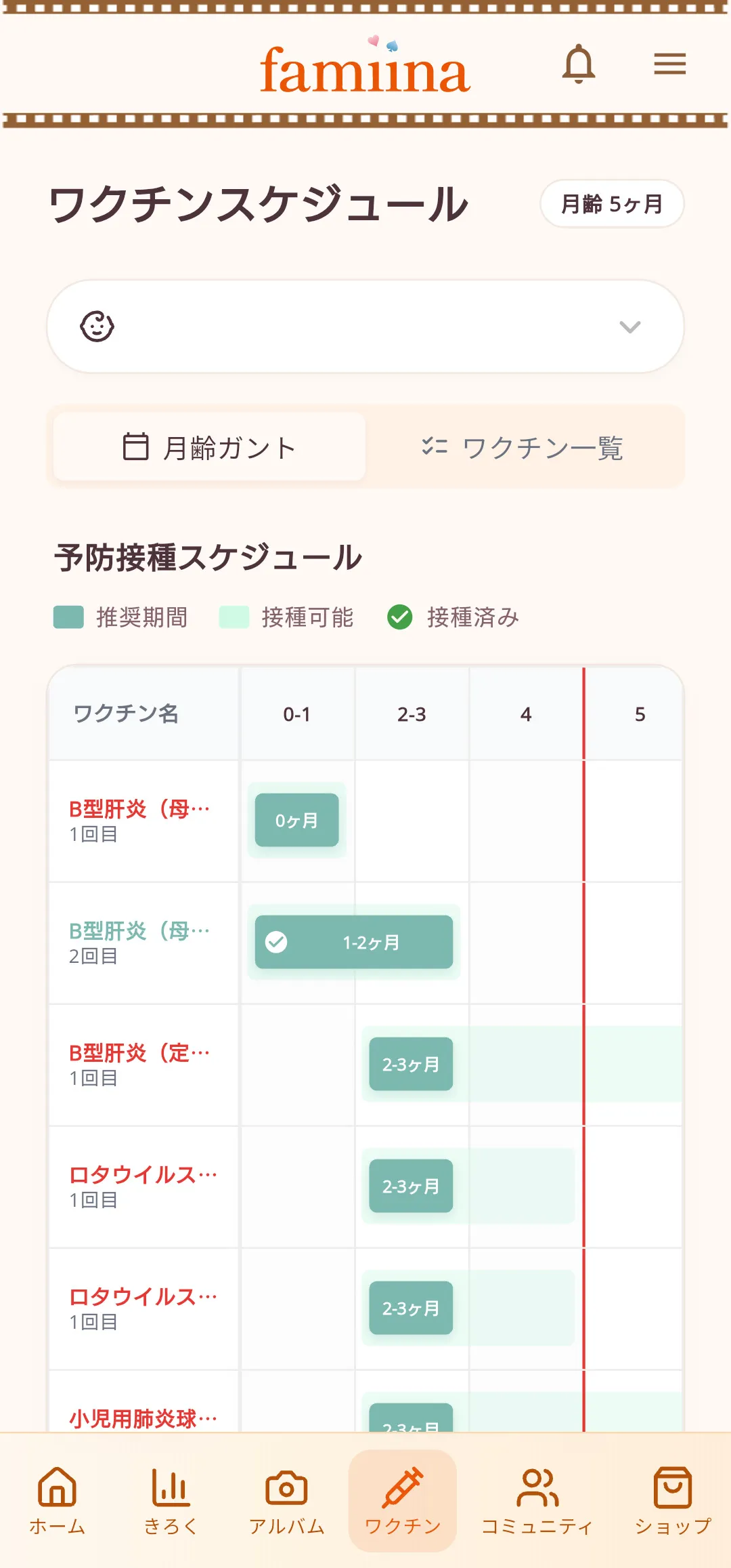 ワクチン接種管理のfamiinaアプリ画面イメージ